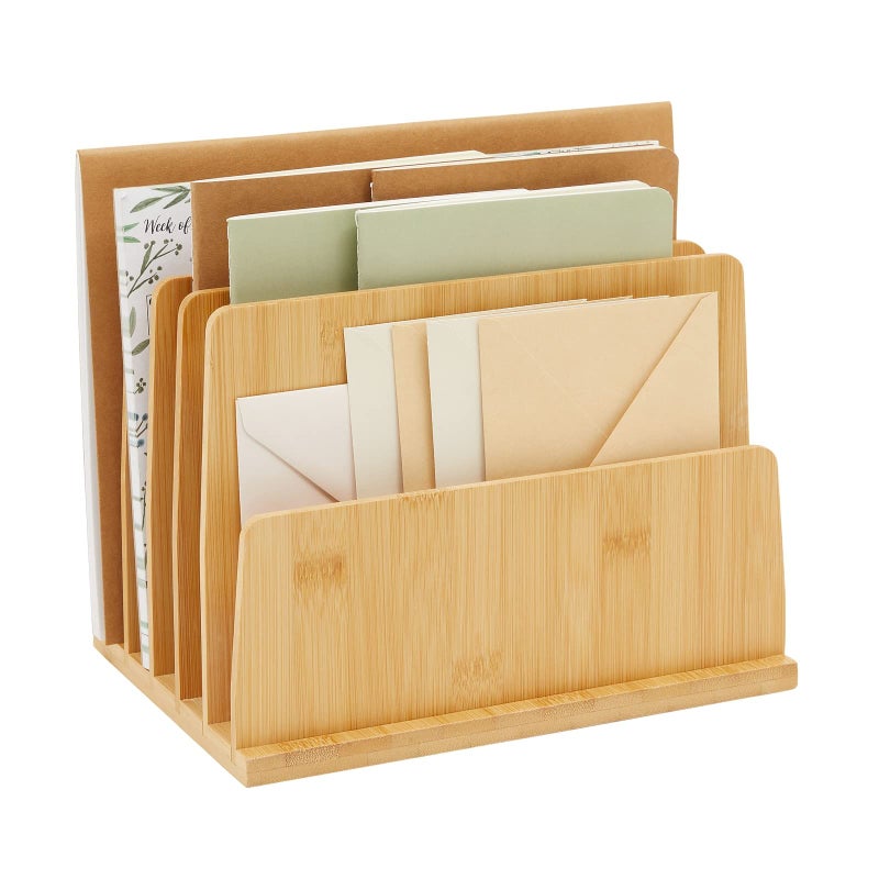 Paper Junkie Bamboo Wooden Mail Holder, File Sorter for Letter and Folder Document Storage, Envelope Organizer with 5 Slots for Office Desk, Countertop, Home Organization (10x7 in) - Image 1